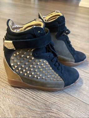 Serafini Manhattan Black Suede & Gold Studded Spike Wedge Sneakers Velcro Strap